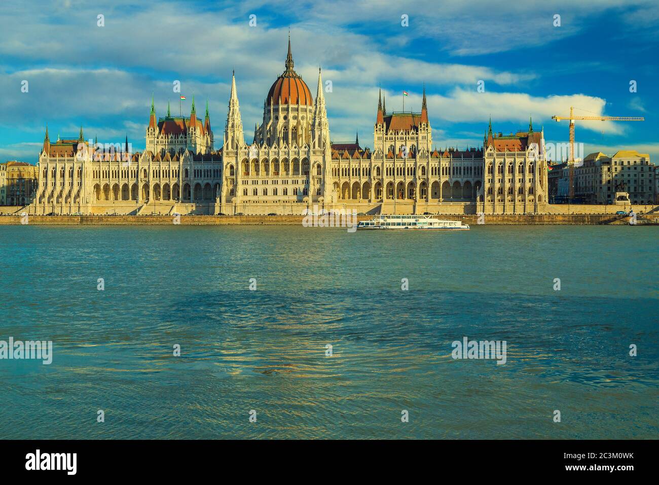 Great excursion and travel place in Budapest with famous parliament building. Sightseeing boat on Danube river in Budapest, Hungary, Europe Stock Photo