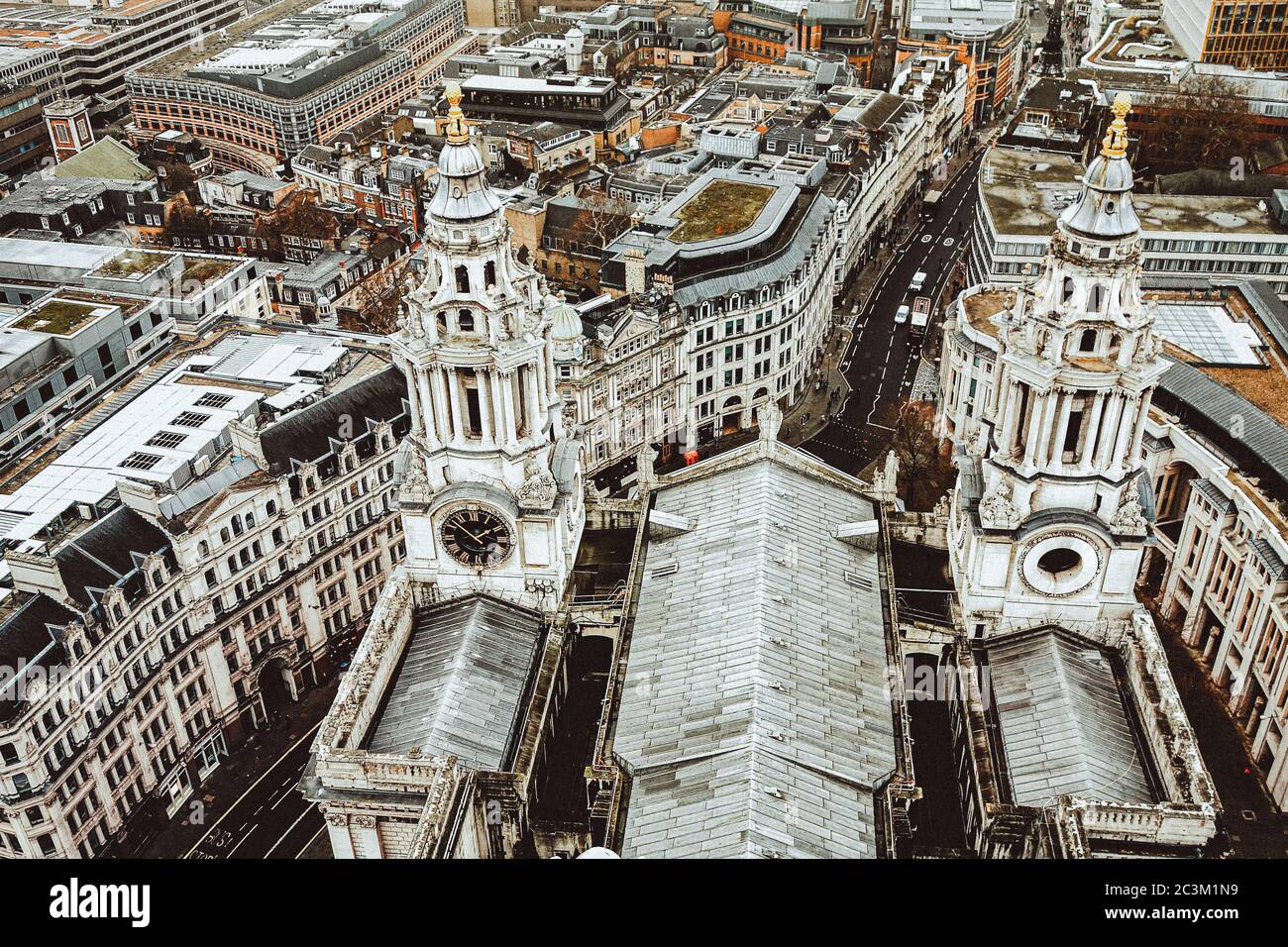 Aerial view of the clock towers of St. Paul's Cathedral captured in