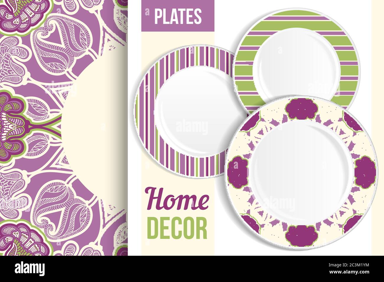 Pattern and Set of 3 matching decorative plates with this pattern applied. Top view of three empty plates. Vector illustration. Stock Vector