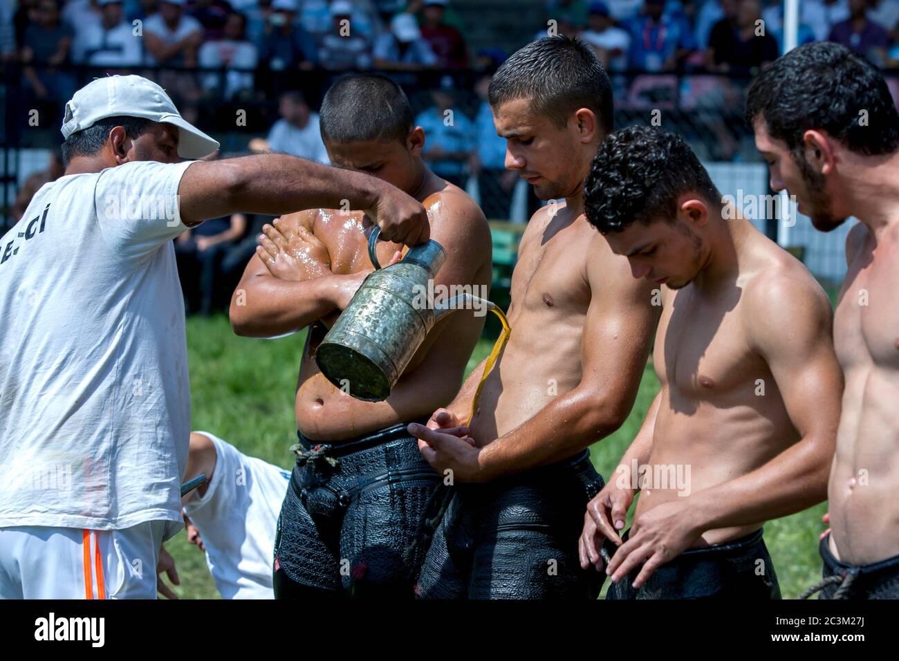 Wrestlers have olive oil applied to their bodies prior to competition  starting at the Kirkpinar Turkish Oil Wrestling Festival in Edirne, Turkey  Stock Photo - Alamy