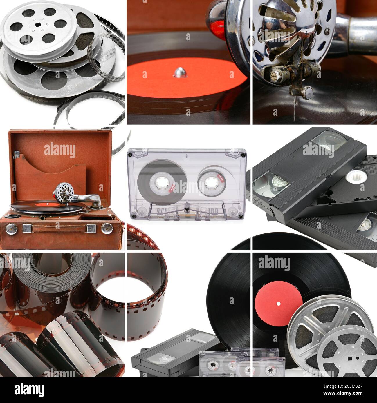 A collage of retro music and photo and video equipment. Gramophone, vinyl record, videocassettes and audiocassettes isolated on white. background Stock Photo