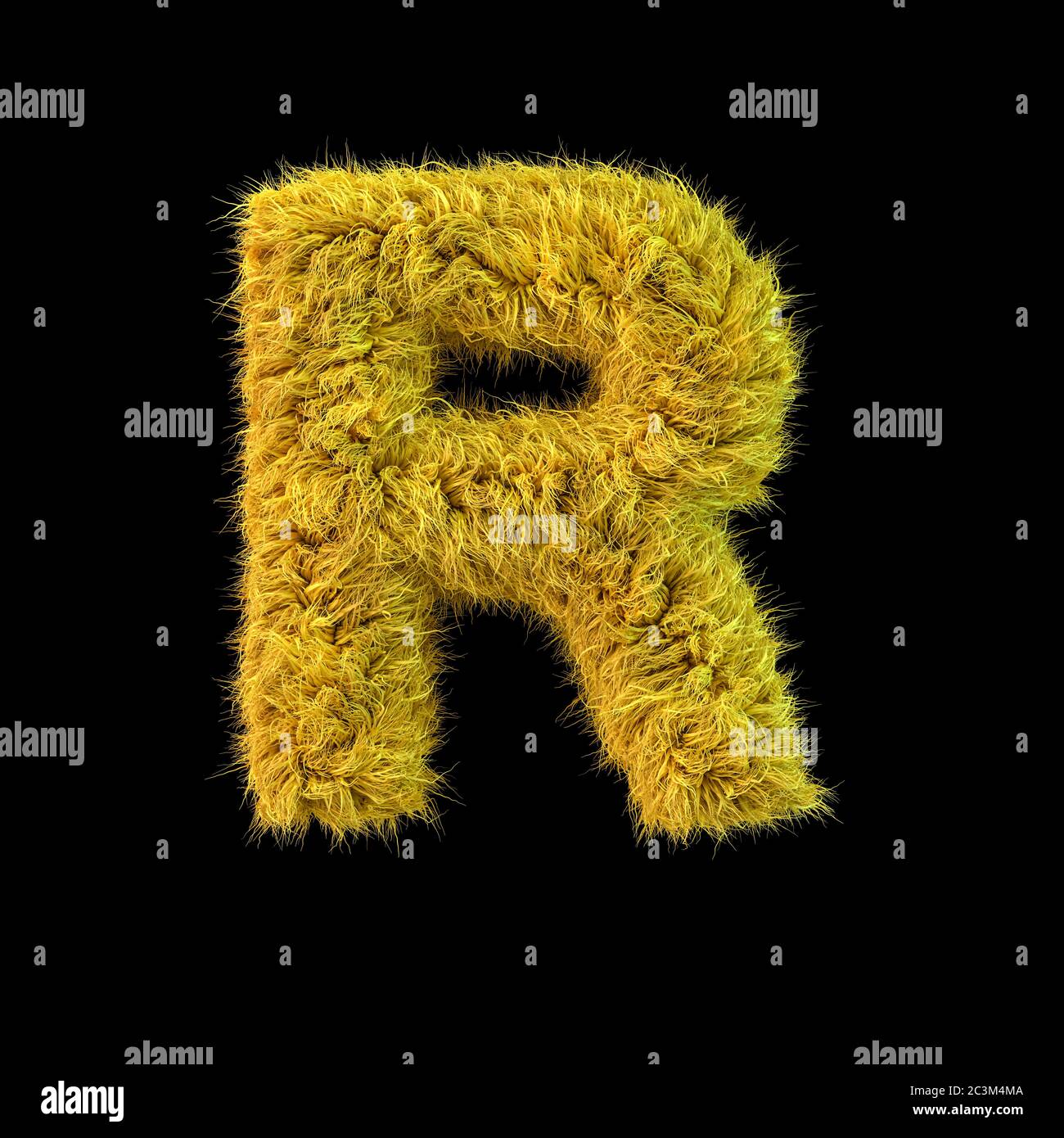 Large Yellow R Capital letter R. Uppercase. Yellow fluffy font on black background. 3D ...