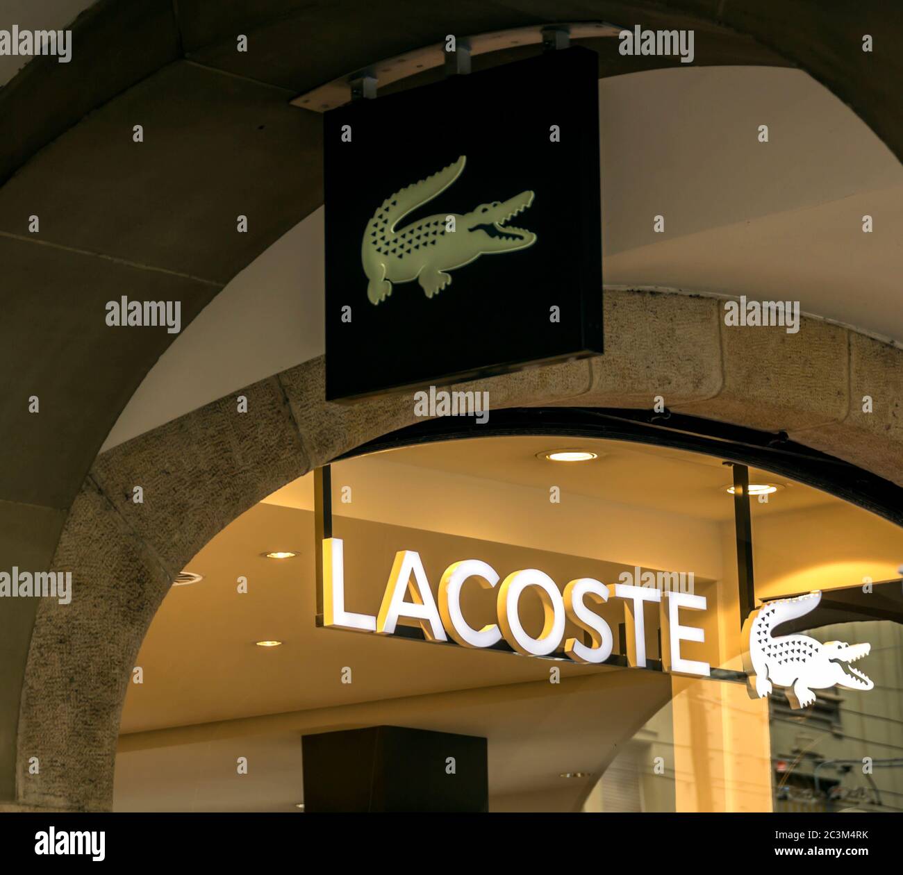 Bern, Switzerland - Lacoste shop. Lacoste is a French clothing company, founded in 1933 by tennis player René Lacoste and André Gillier. Stock Photo
