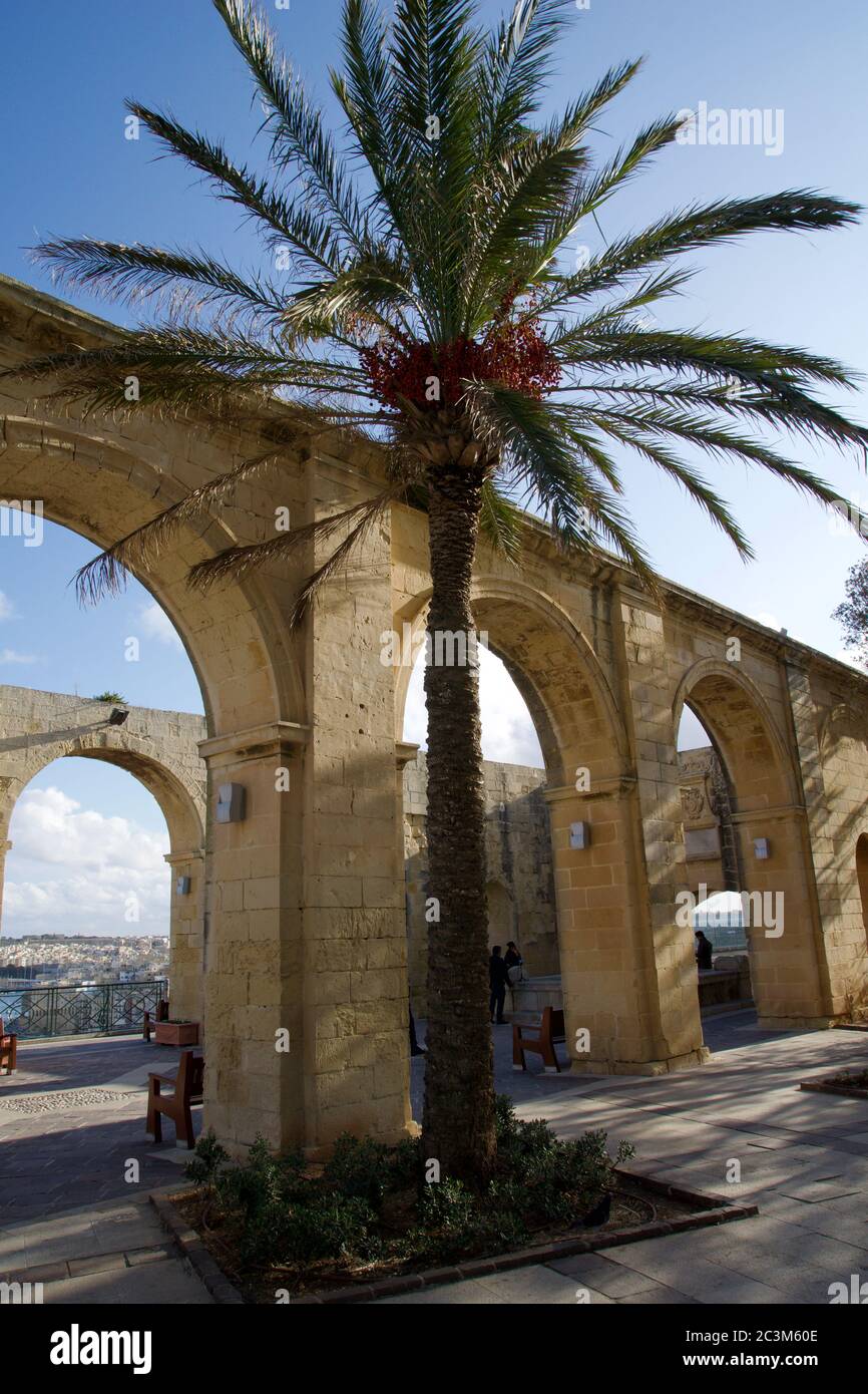 VALLETTA, MALTA - DEC 31st, 2019: Arches of the Upper Barrakka Gardens ...