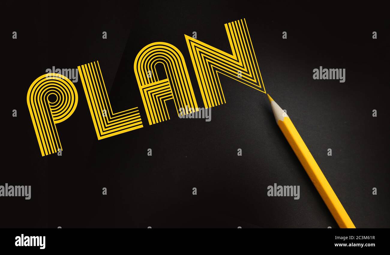 Plan word and yellow pencil on black background. Future Business Career planning concept Stock Photo