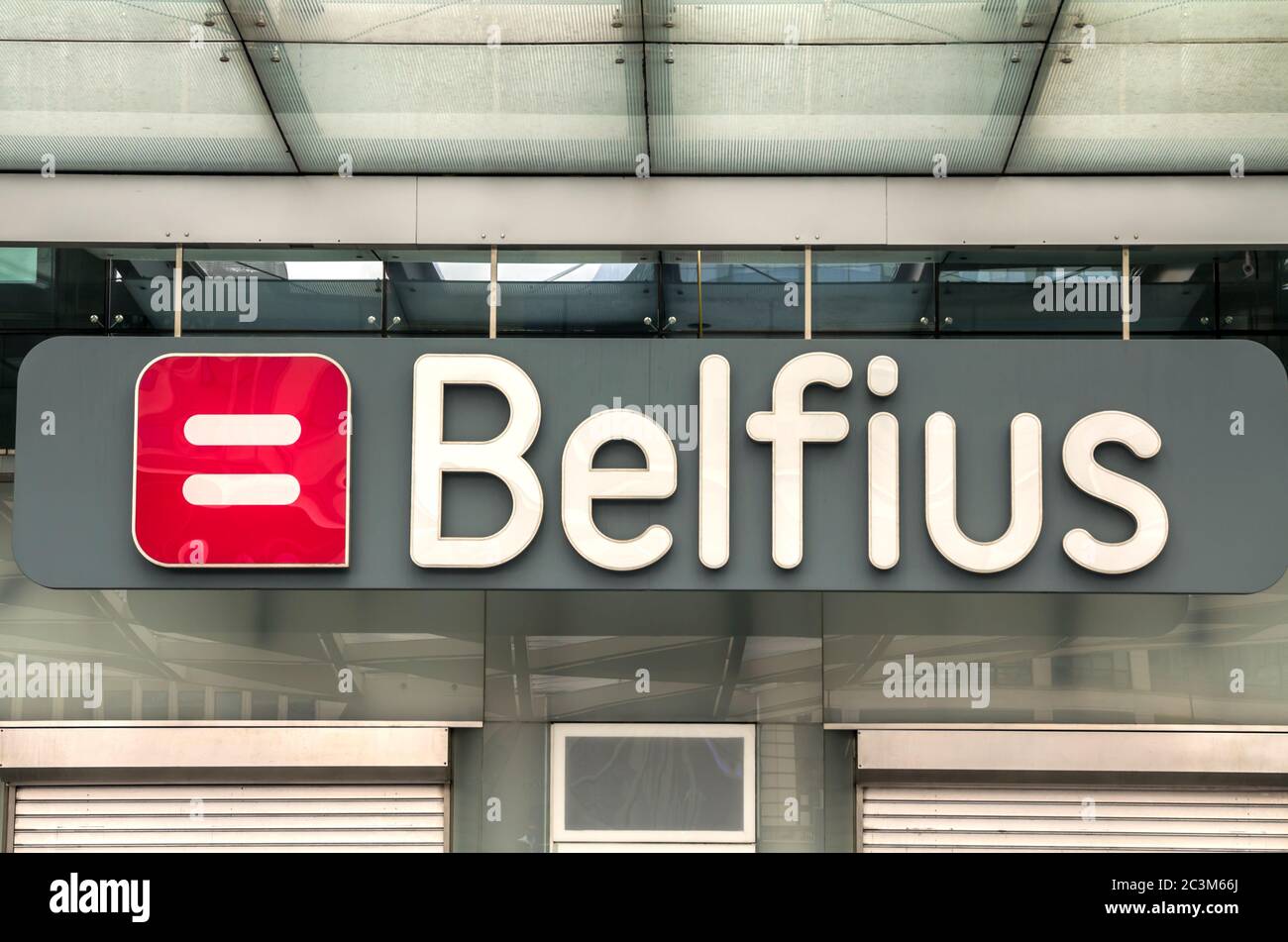 Brussels, BELGIUM - July 7, 2019: Belfius bank logo outside a local branch. Belfius Bank and Insurance is a for-profit PLC originally founded to meet Stock Photo