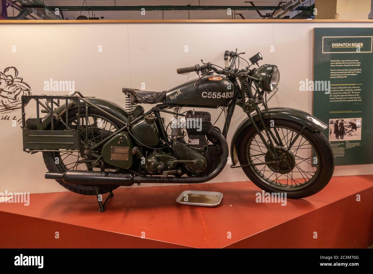 A BSA WM20 motorcycle used by WWII dispatch riders on display in Bletchley Park, Bletchley. Buckinghamshire, UK. Stock Photo