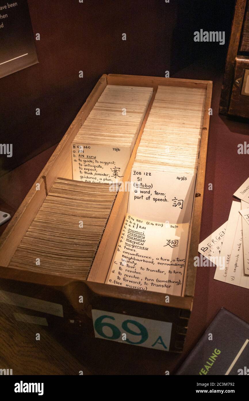 Index cards,used by codebreakers while learning Japanese, on display in