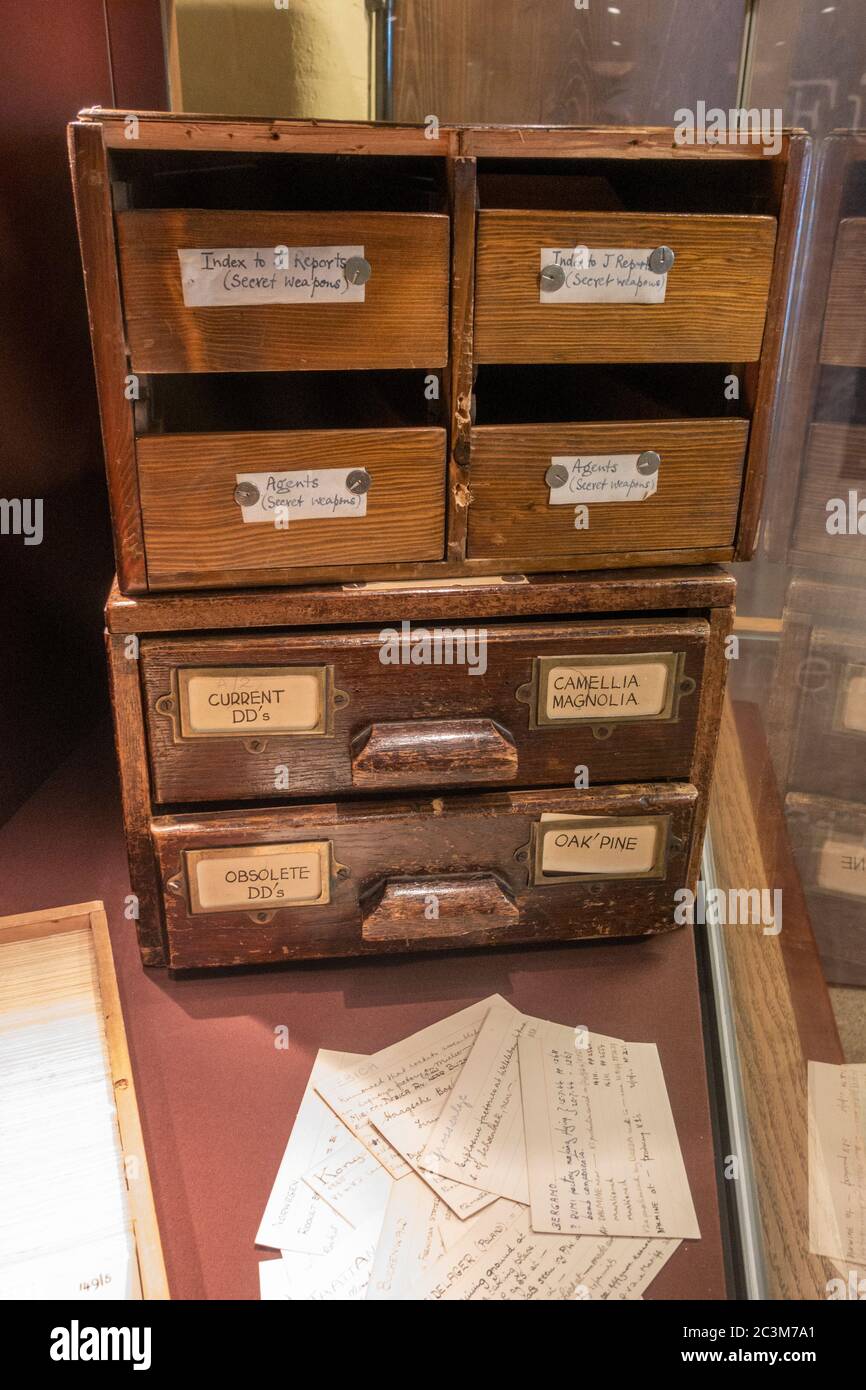 Trays of index cards used to help code breakers learning Japanese on