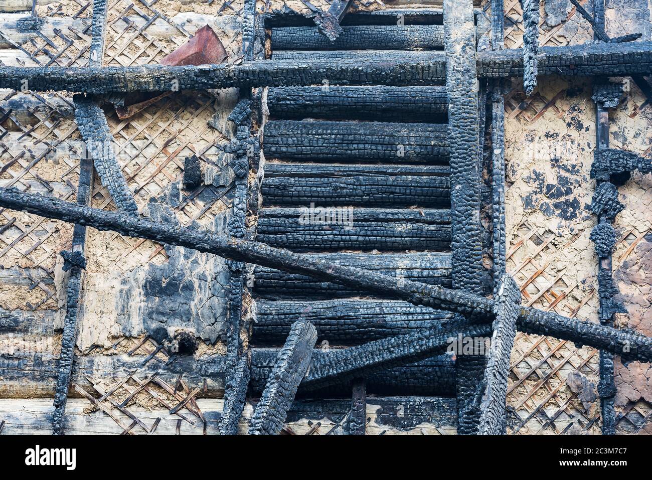 Part of the charred wall of an apartment building after a fire Stock Photo