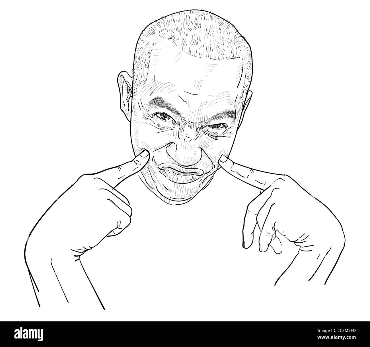 Drawing funny portrait of a man, farcical expressions of Asian guy poitning finger to his face. Vector illustration. Stock Vector