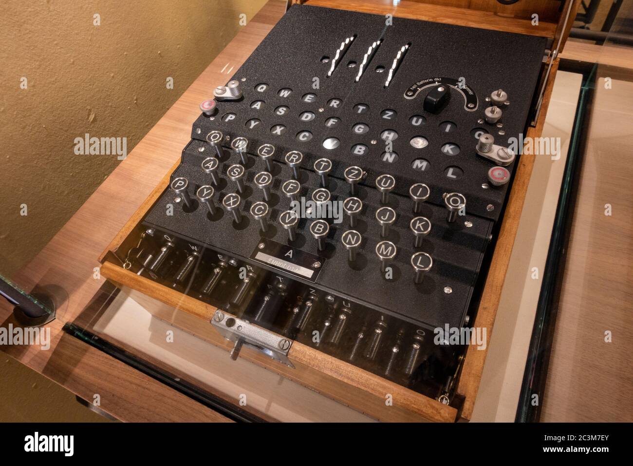A German Enigma I machine on display in Bletchley Park, Bletchley