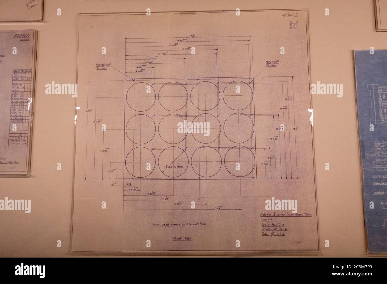 Original blue prints for the front panel on a WWII bombe machine on display in Bletchley Park, Bletchley. Buckinghamshire, UK. Stock Photo