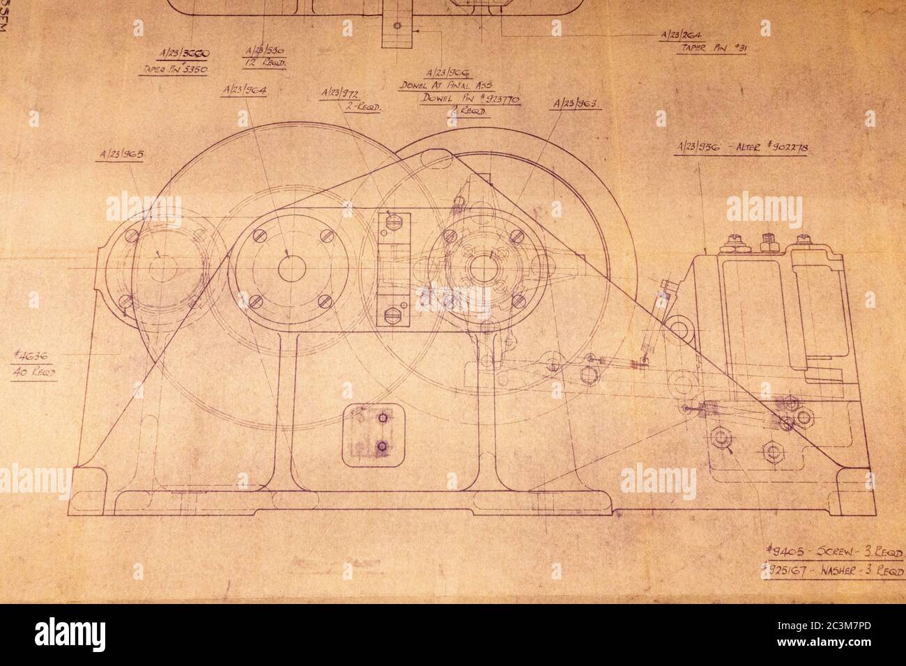 Original blue prints for the drive bracket assembly on a WWII bombe machine on display in Bletchley Park, Bletchley. Buckinghamshire, UK. Stock Photo