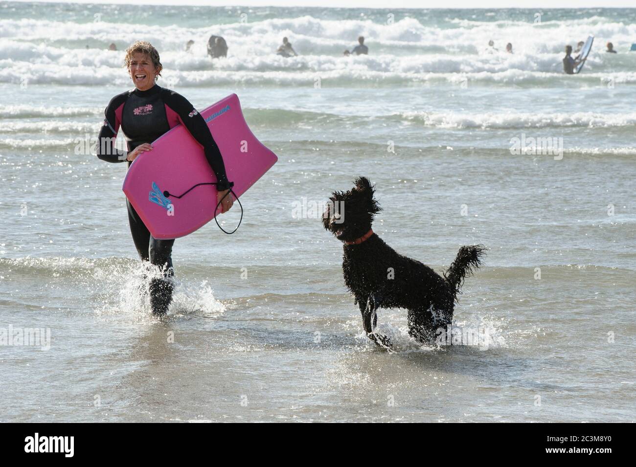 Female surfer playing with her Australian Service Dog in the sea Stock Photo