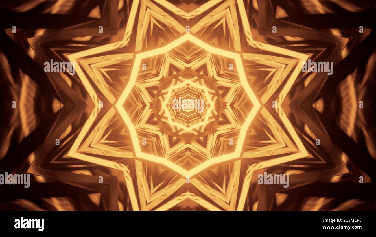 3D rendering of a futuristic background with golden abstract neon laser ...