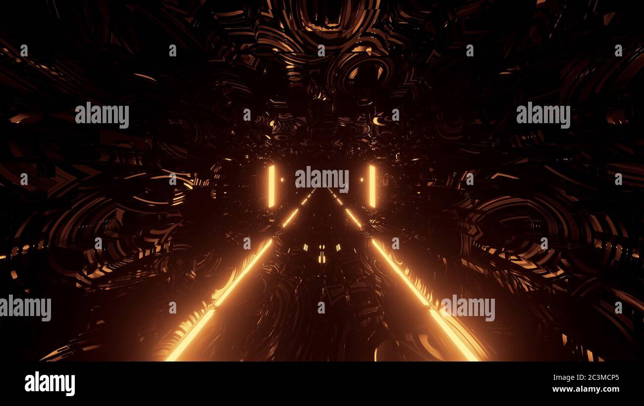 3D rendering of a futuristic background with golden abstract neon laser ...