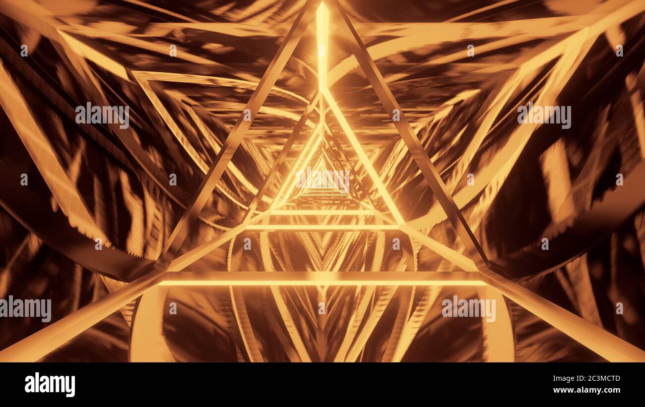 3D rendering of a futuristic background with golden abstract neon laser ...