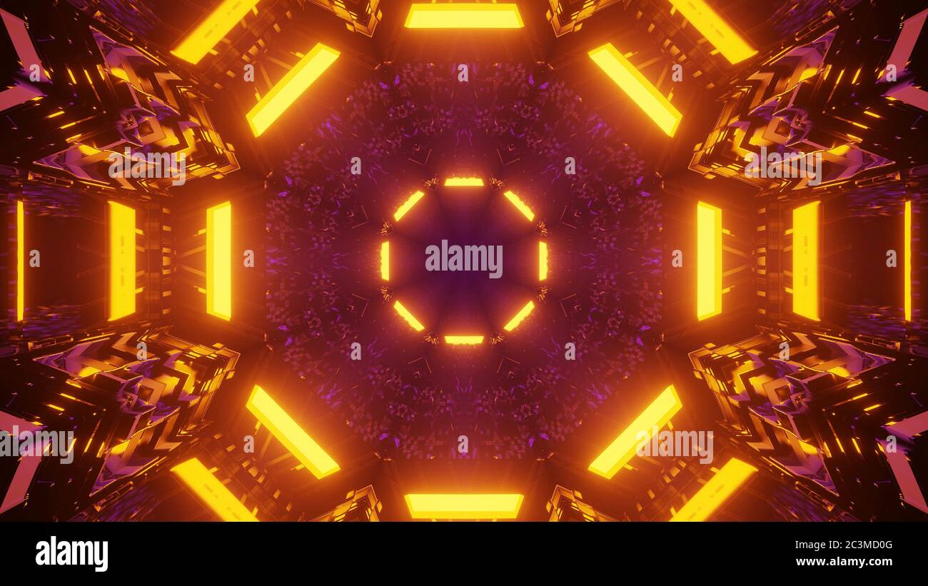 3D rendering of a futuristic background with golden abstract neon laser ...