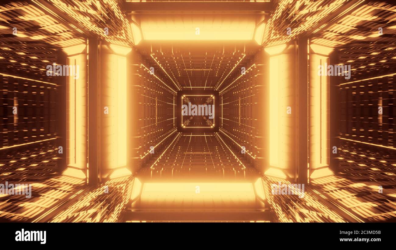 3D rendering of a futuristic background with golden abstract neon laser ...