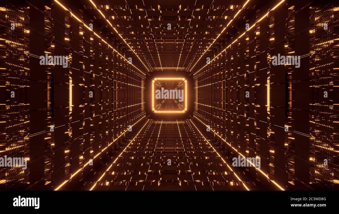 3D rendering of a futuristic background with golden abstract neon laser ...