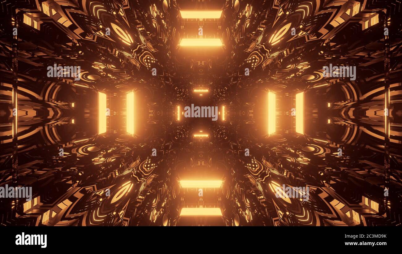 3D rendering of a futuristic background with golden abstract neon laser ...