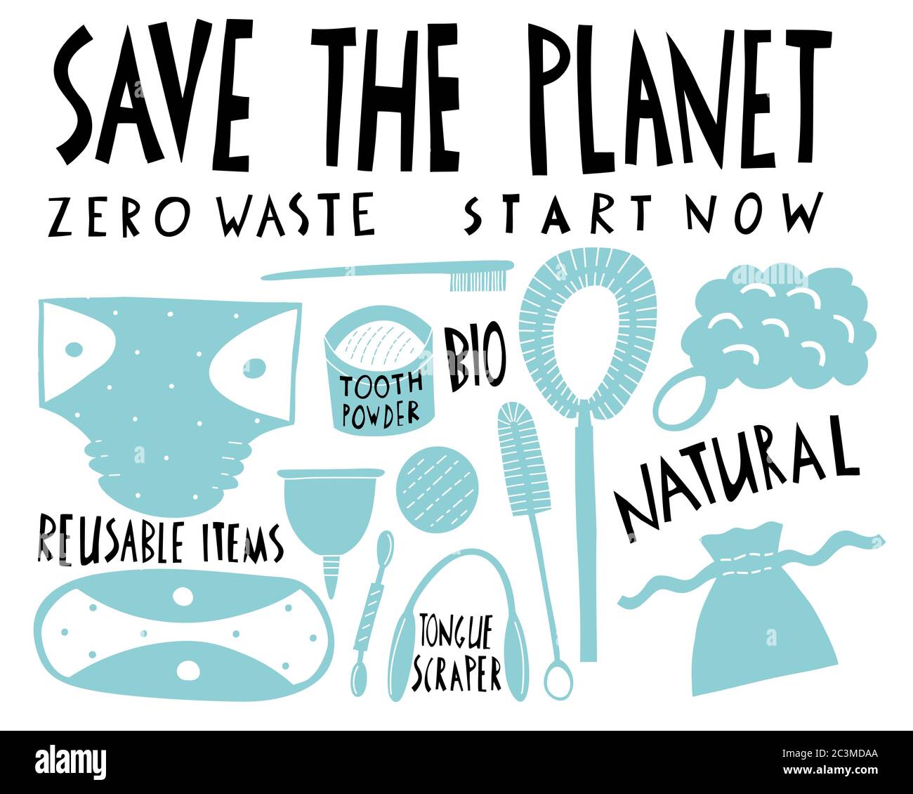 Eco style. Collection of Zero Waste reusable items. Hand drawn vector ...