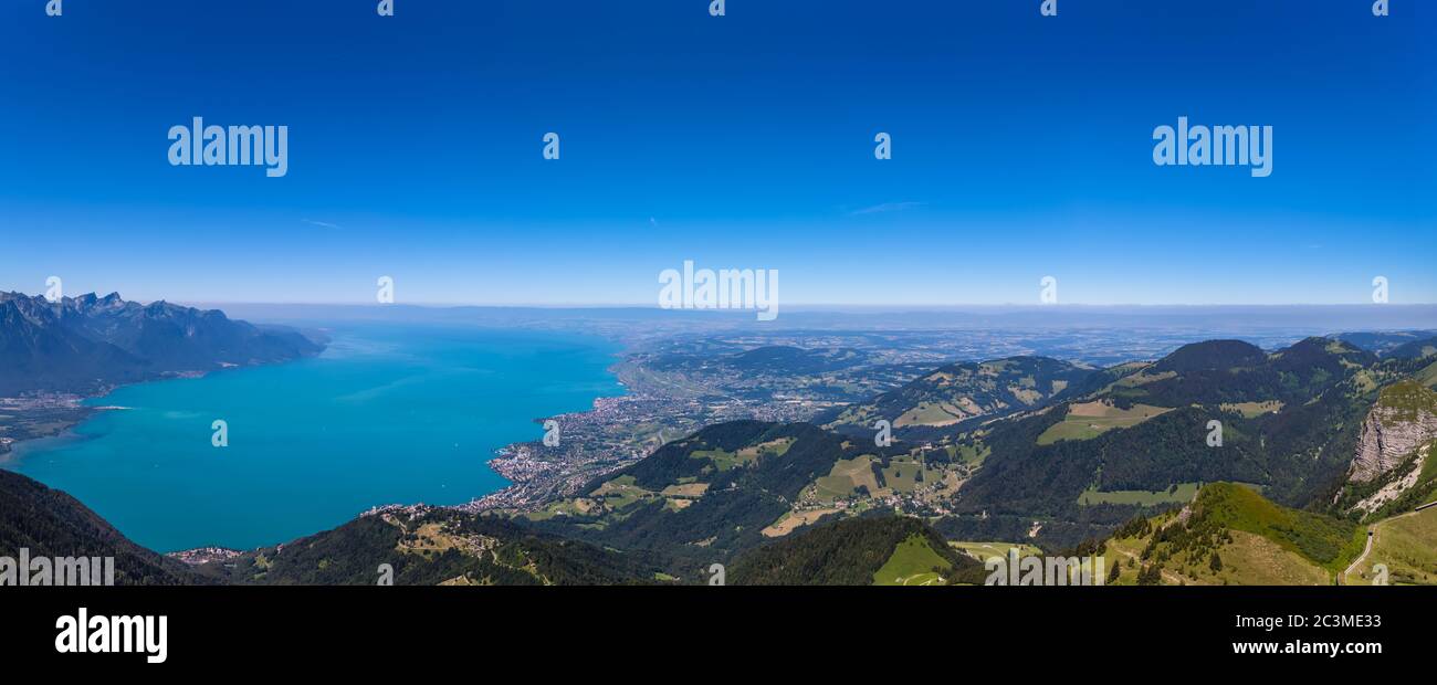 Panorama  view of Lake Geneva and Montreux city from the view platform on Rochers-de-Naye, on a sunny summer day in canton of Vaud, Switzerland. Stock Photo