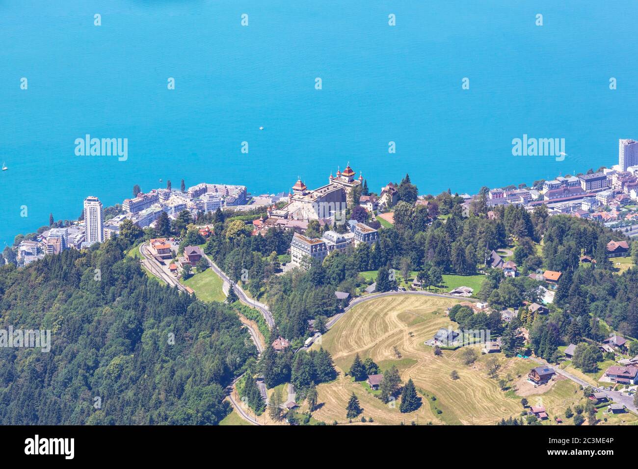 Aerial view of Lake Geneva and Montreux city from the view platform on Rochers-de-Naye, on a sunny summer day in canton of Vaud, Switzerland. Stock Photo