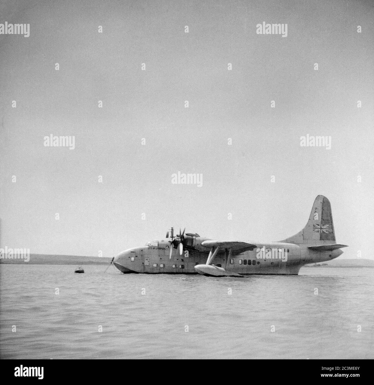 Vintage black and white photograph of a Short S.45 Solent Sea Plane, registration G-AKNS. Taken in 1950. Stock Photo