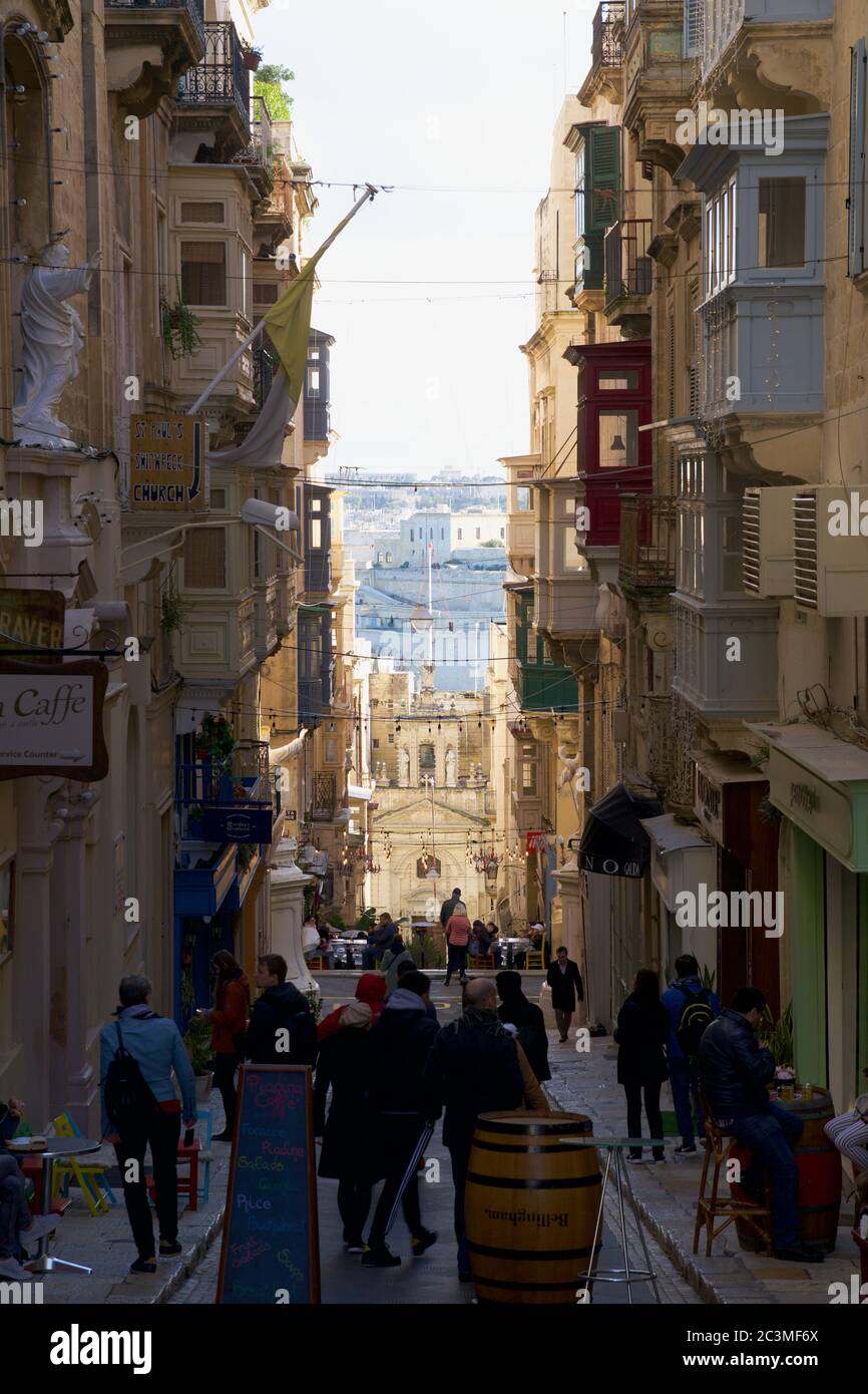 VALLETTA, MALTA - DEC 31st, 2019 Typical Maltese buildings with gallarija, traditional enclosed wooden balconies Stock Photo