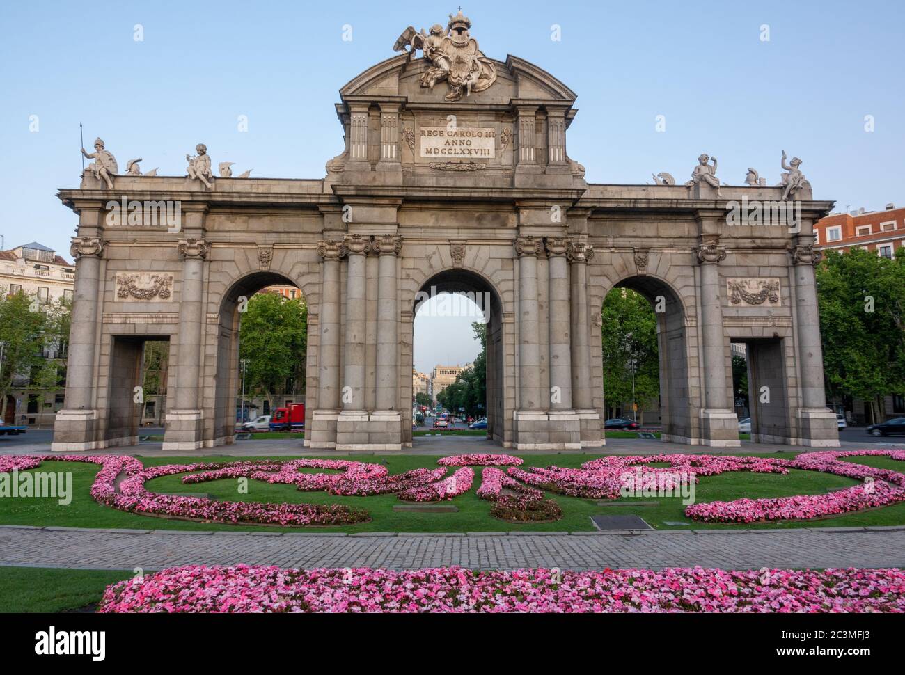 The Alcala Door  built in 1778 (Puerta de Alcala) is a gate in the center of Madrid, Spain. It is the landmark of the city. Stock Photo