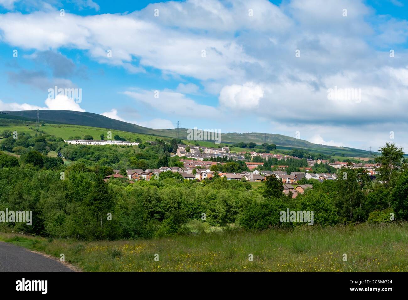 The town of Kilsyth and the Campsie Fells viewed from the west Stock