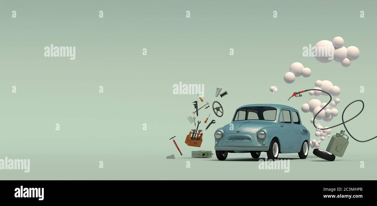 Banner with a passenger blue retro car with a gas bubble, surrounded by flying around auto parts. Isolated on a turquoise background. 3D rendering. Stock Photo