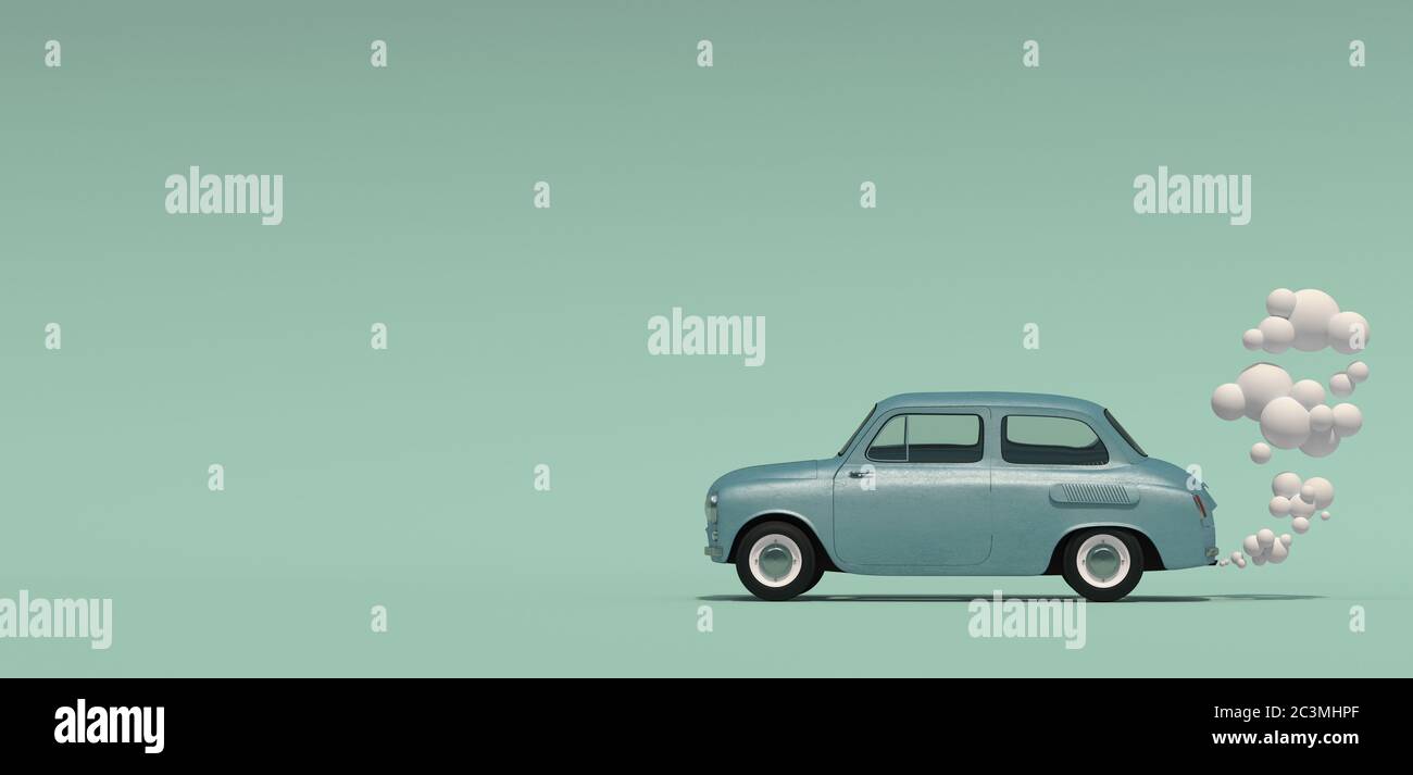 Banner with a passenger blue retro car with an exhaust gas in a cartoon style. Isolated on a turquoise background. 3D rendering. Stock Photo
