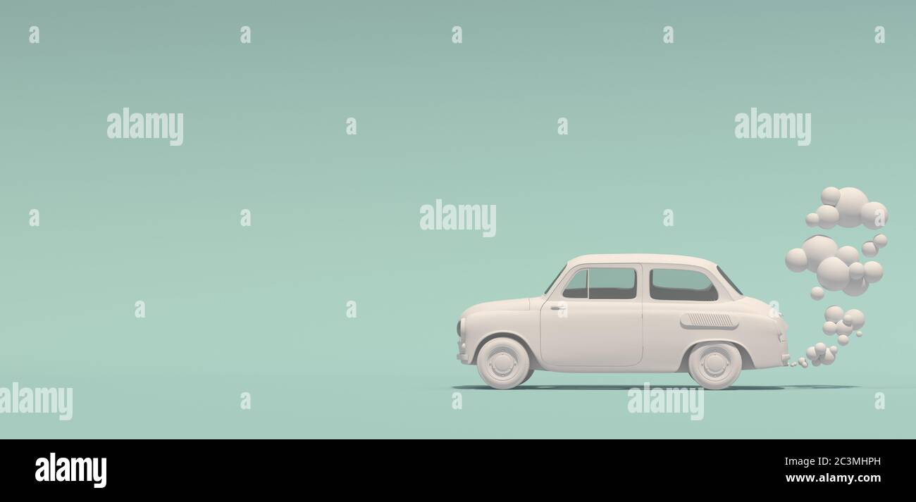 Banner with a passenger white monochrome retro car with an exhaust gas in a cartoon style. Isolated on a turquoise background. 3D rendering. Stock Photo