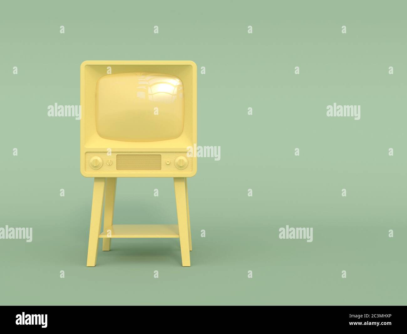 Old retro tv in monochrome yellow color on a light green background. Pastel colors. Copy space. Cartoon style. 3D illustration. Stock Photo