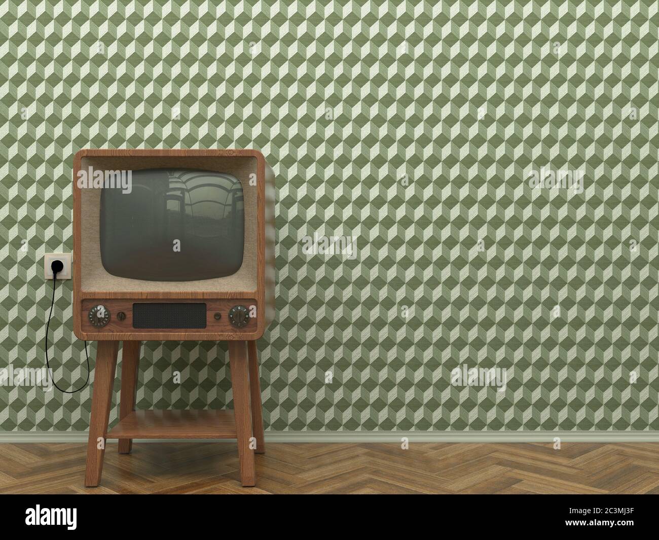 Old retro TV in the interior of the living room stands on the parquet floor on a background of a wall with green abstract wallpaper. Copy space. 3D il Stock Photo