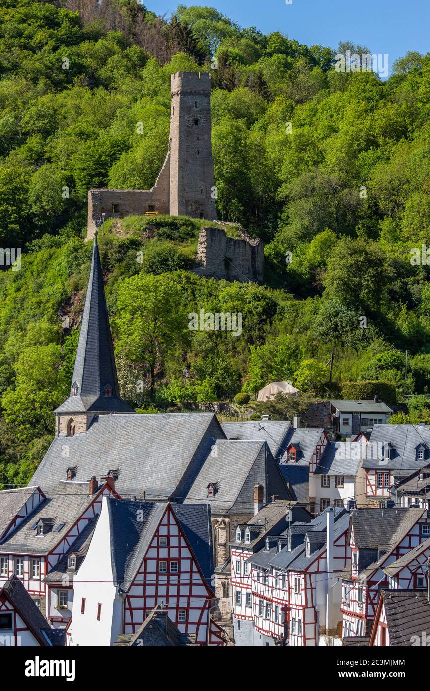 View at church and castle ruin Loewenburg in Monreal, Eifel, Germany Stock Photo