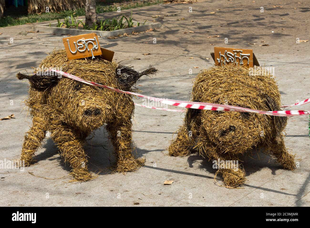 Straw Animals with Barrier Tape at Siem Reap Town, Cambodia, Asia Stock Photo