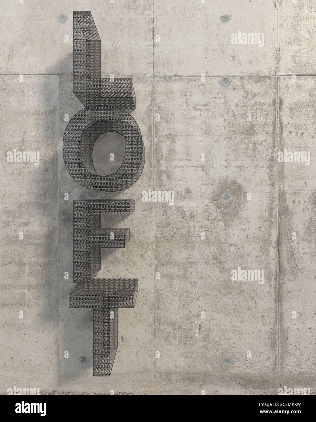 The word 'LOFT' made of voluminous convex letters covered with metal mesh. Vertical inscription on a concrete wall with copy space. Loft style. 3D ren Stock Photo