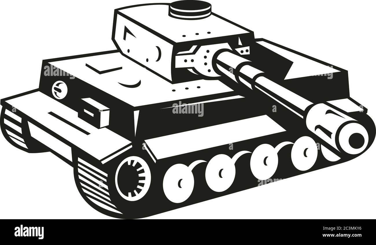 Black and white retro style illustration of a world war two German panzer tank aiming it's cannon to side  on isolated background. Stock Vector