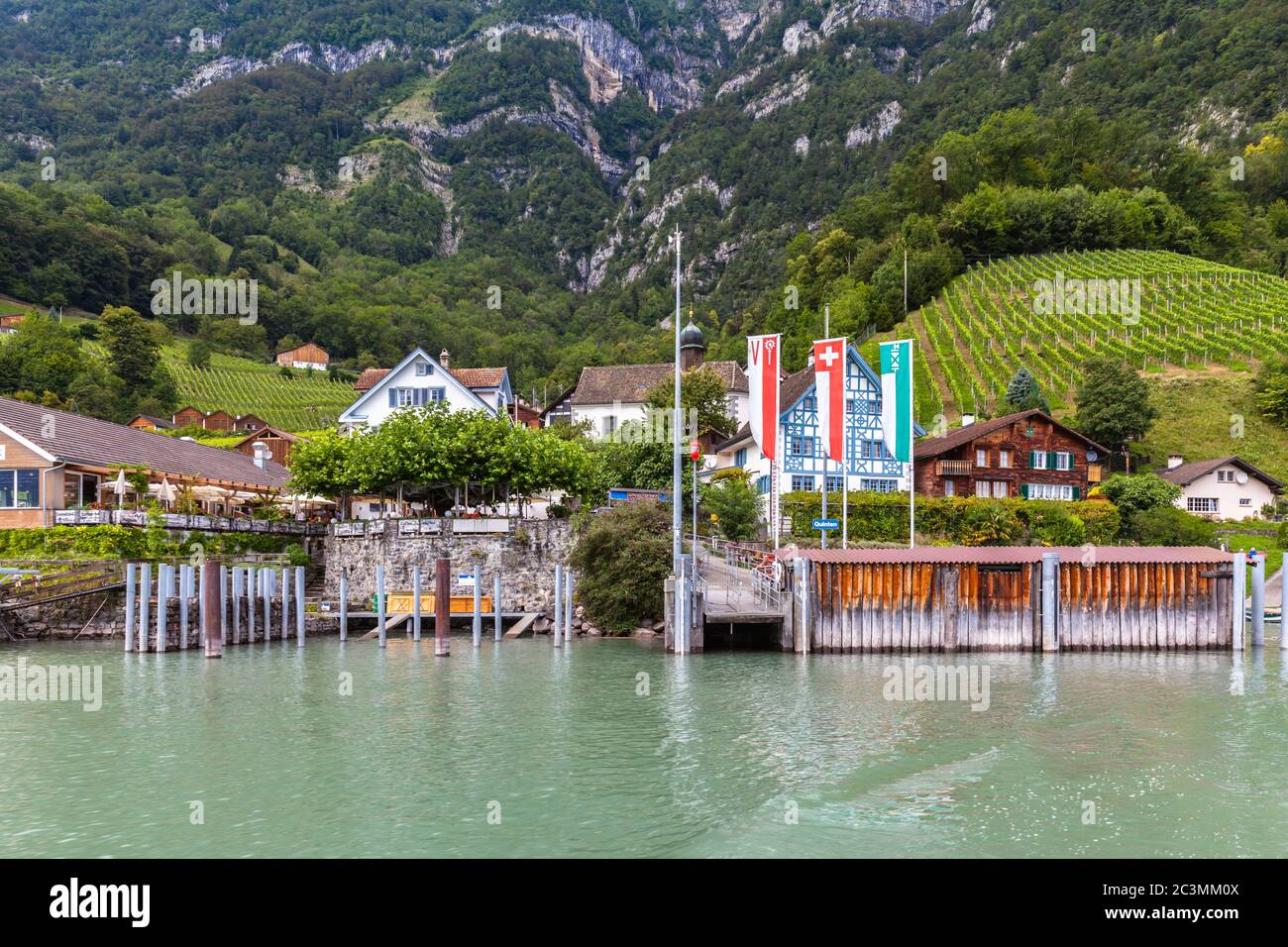 Beautiful view of the small town Quinten on the lake side of Walensee (Walen lake), Canton of St. Gallen, Switzerland Stock Photo