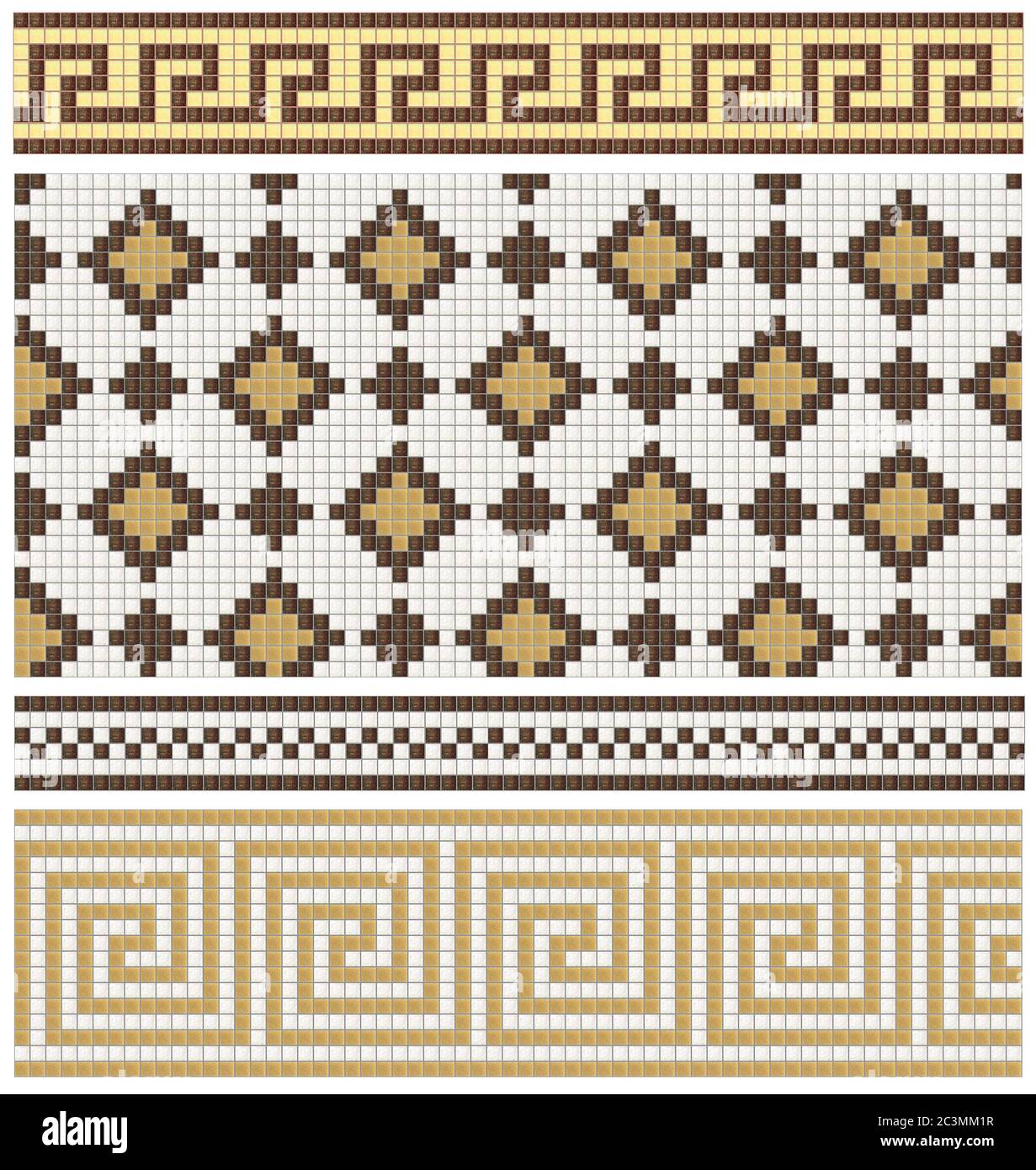 Seamless mosaic friezes and decors in brown and beige colors. Set of seamless textures. Stock Photo