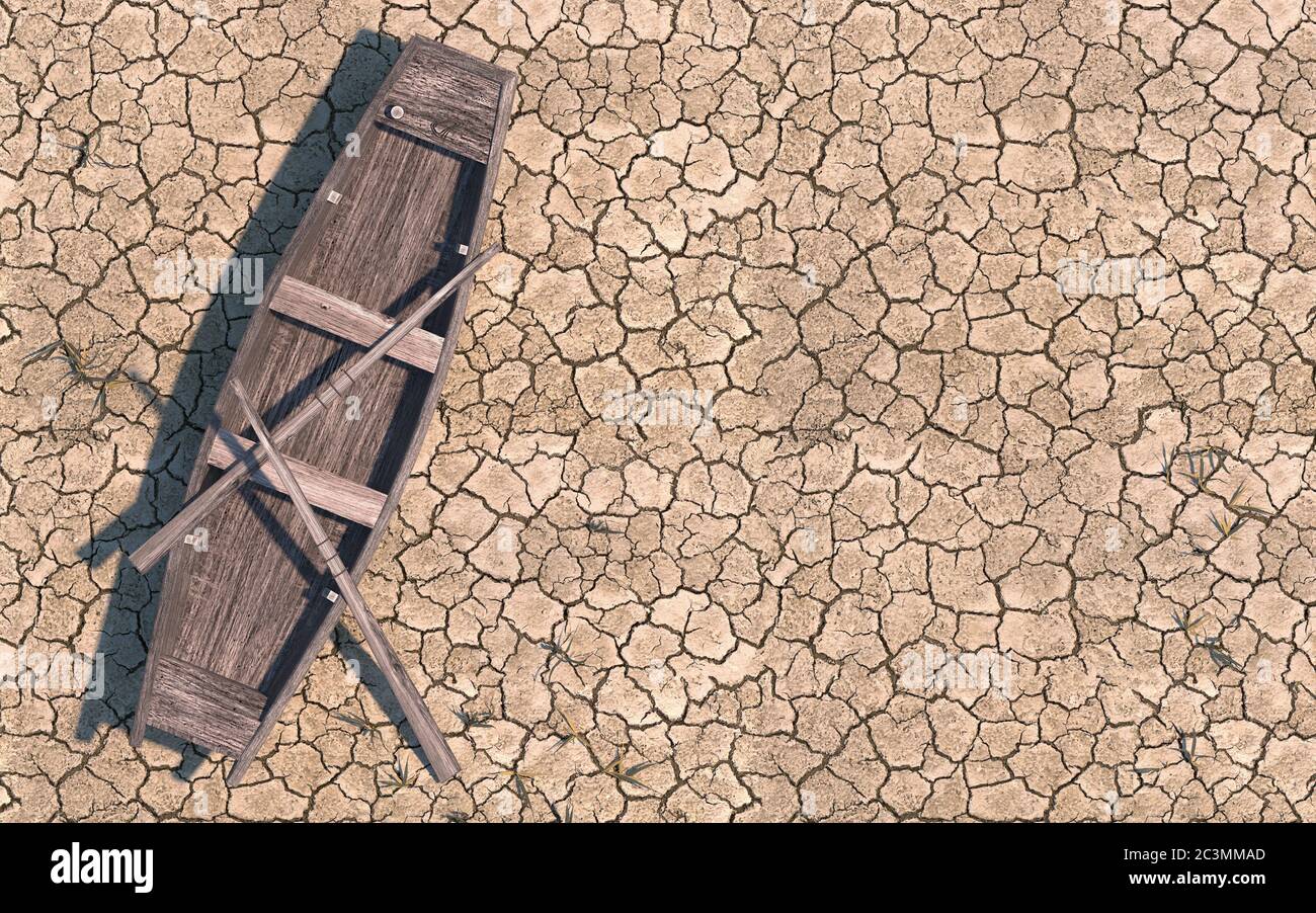 Old wooden boat on dry cracked soil. Dry river due to global warming. Climate change on Earth. Creative conceptual illustration with copy space. 3D re Stock Photo