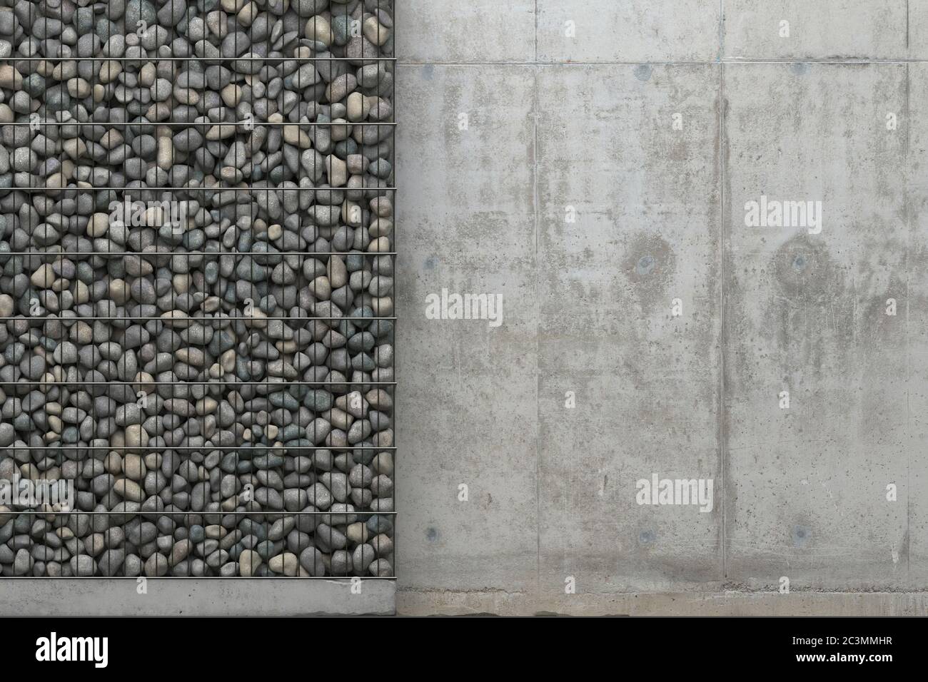 Background with gray concrete wall and gabion wall with stones in a metal grid frame. Front view with copy space. 3D rendering. Stock Photo