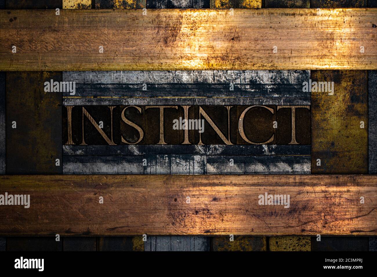 Instinct text formed with real authentic typeset letters on vintage textured silver grunge copper and gold background Stock Photo