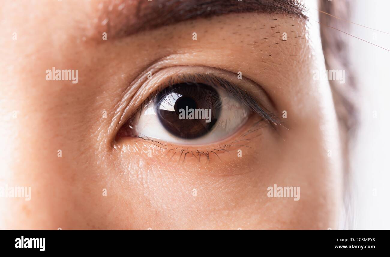 Close up detail macro of iris eyebrow or eyes Asian young woman open eyeball, studio shot background, Healthcare beauty concept Stock Photo