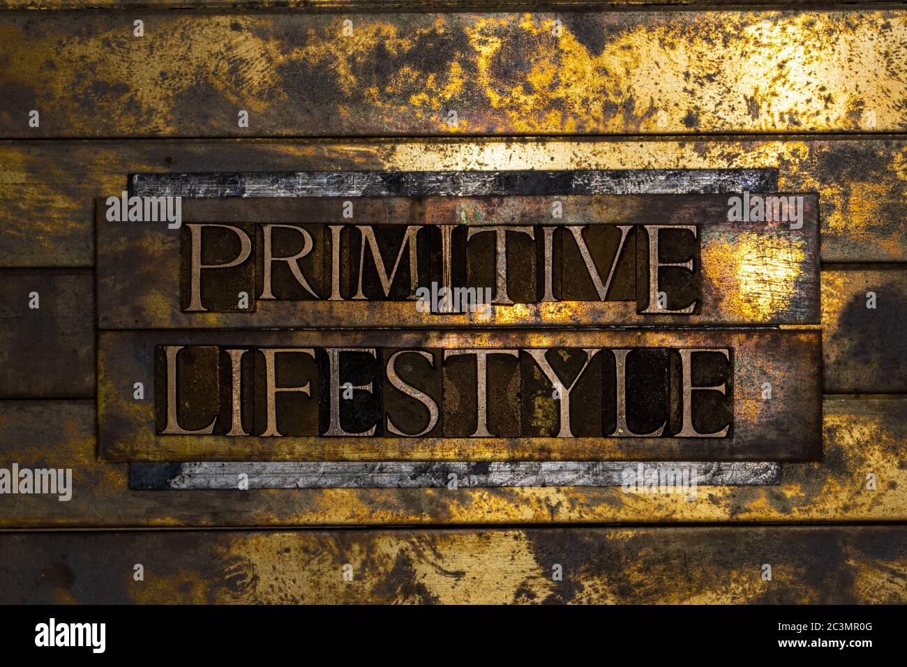 Primitive Lifestyle text formed with real authentic typeset letters on vintage textured silver grunge copper and gold background Stock Photo