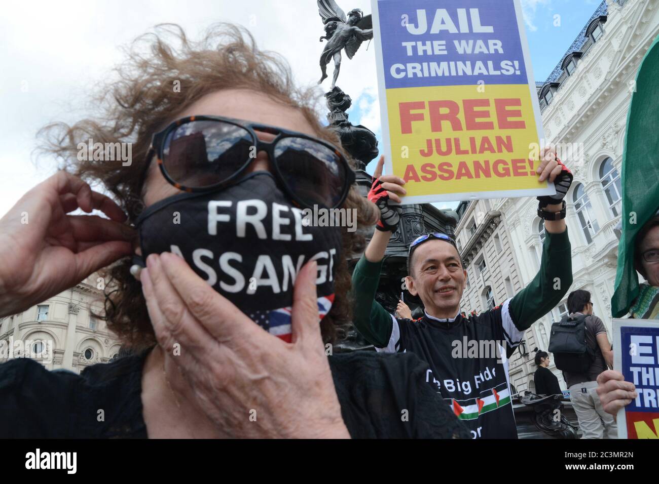 julian assange support group rally held in leicester square small number due to lockdown  , Stock Photo